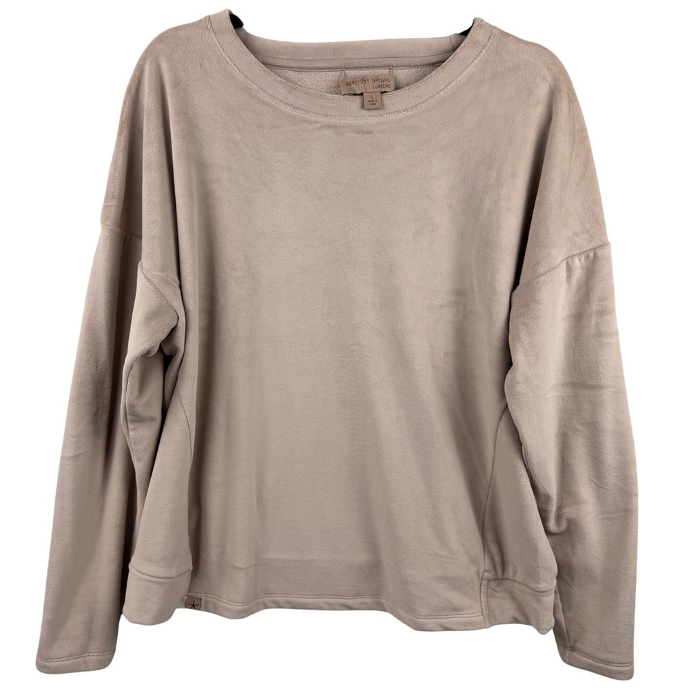 Barefoot Dreams LuxeChic Sweatshirt Women Large Tan Crew Neck Cozy Loungewear - Picture 4 of 10